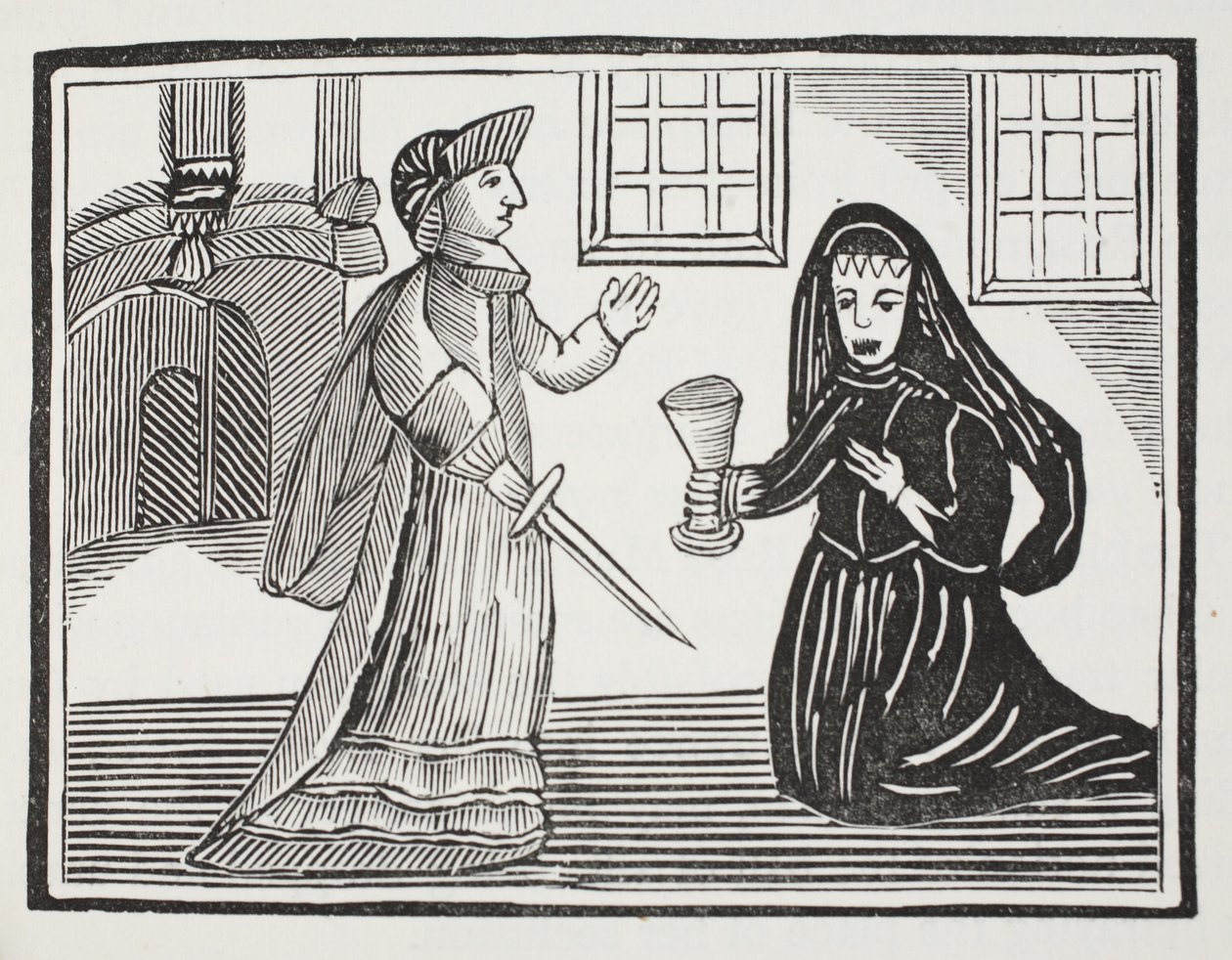 Schone Rosamond vergiftigd door koningin Eleanor, illustratie uit Chap-books van de achttiende eeuw door John Ashton, uitgegeven 1882 door English School
