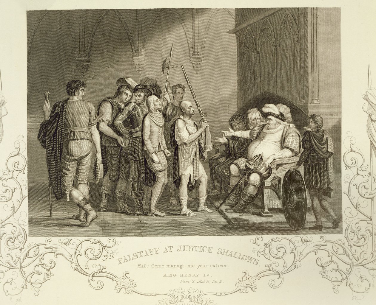Falstaff bij Justice Shallows, in Henry IV (Deel 2) Act III Scene 2, door William Shakespeare (1564-1616) door English School