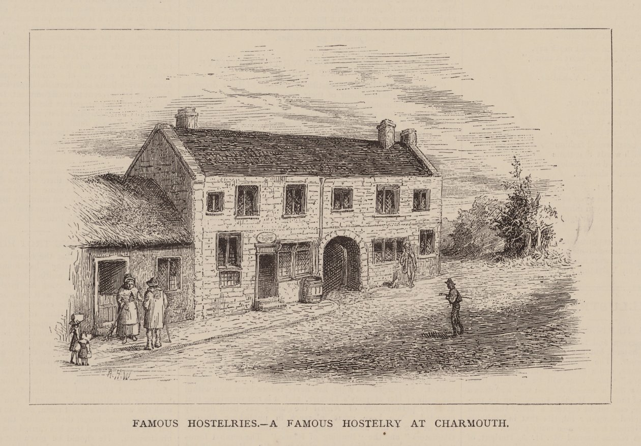 Beroemde herbergen, een beroemde herberg in Charmouth (gravure) door English School