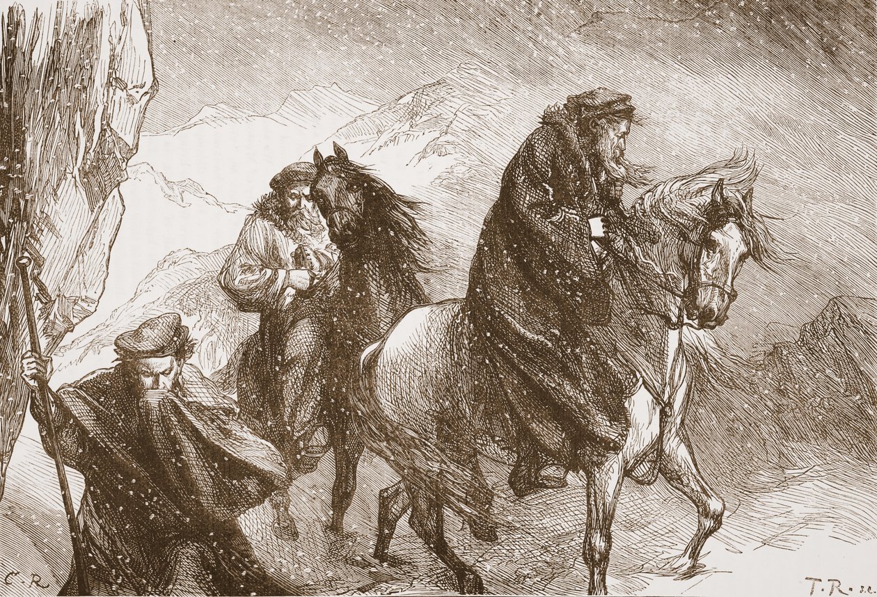 Farel en zijn metgezellen reizen over de Alpen, illustratie uit De Geschiedenis van het Protestantisme door James Aitken Wylie, gepubliceerd in 1878 door English School