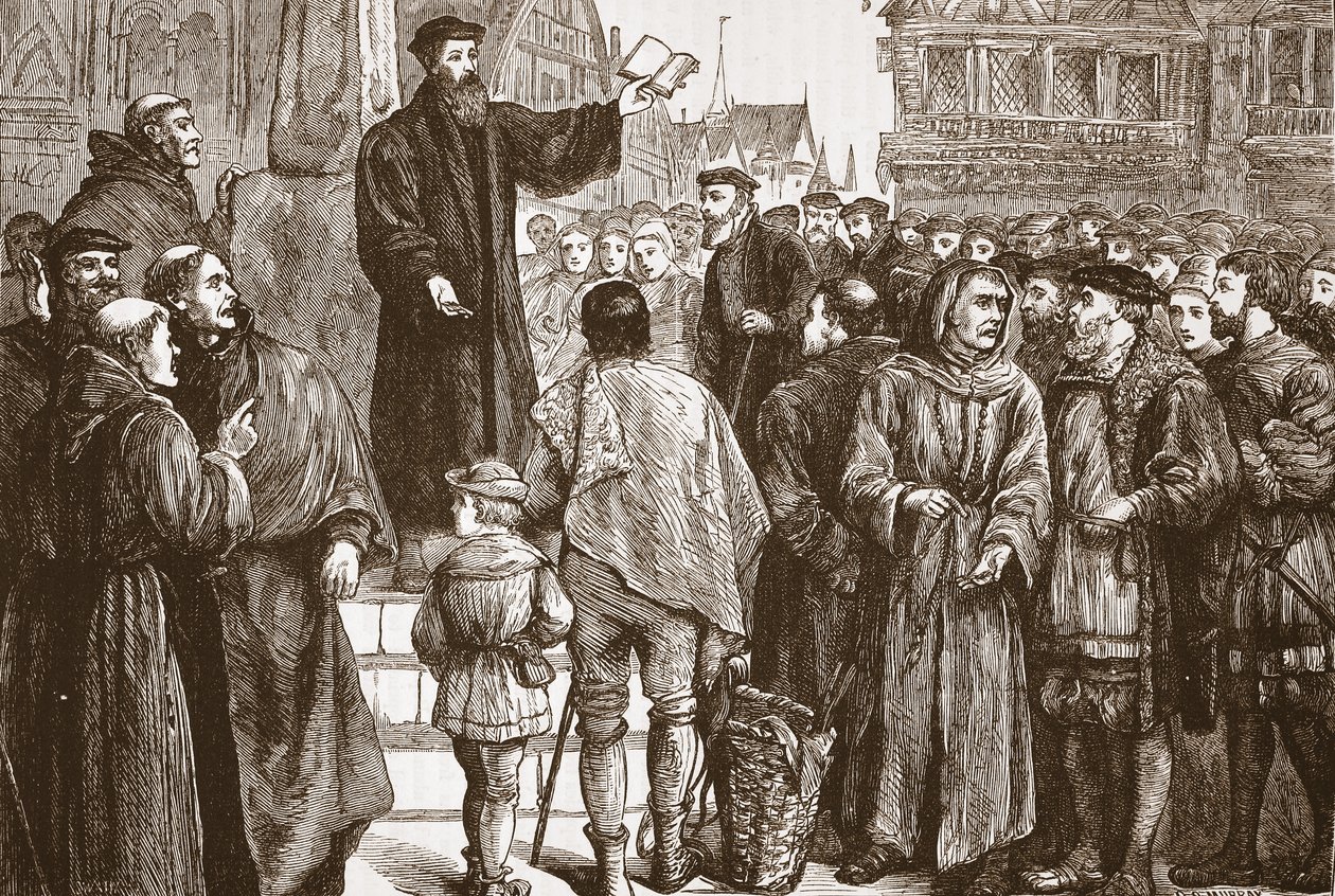 Farel predikt op de markt van Neuchâtel, illustratie uit De Geschiedenis van het Protestantisme door James Aitken Wylie, gepubliceerd in 1878 door English School