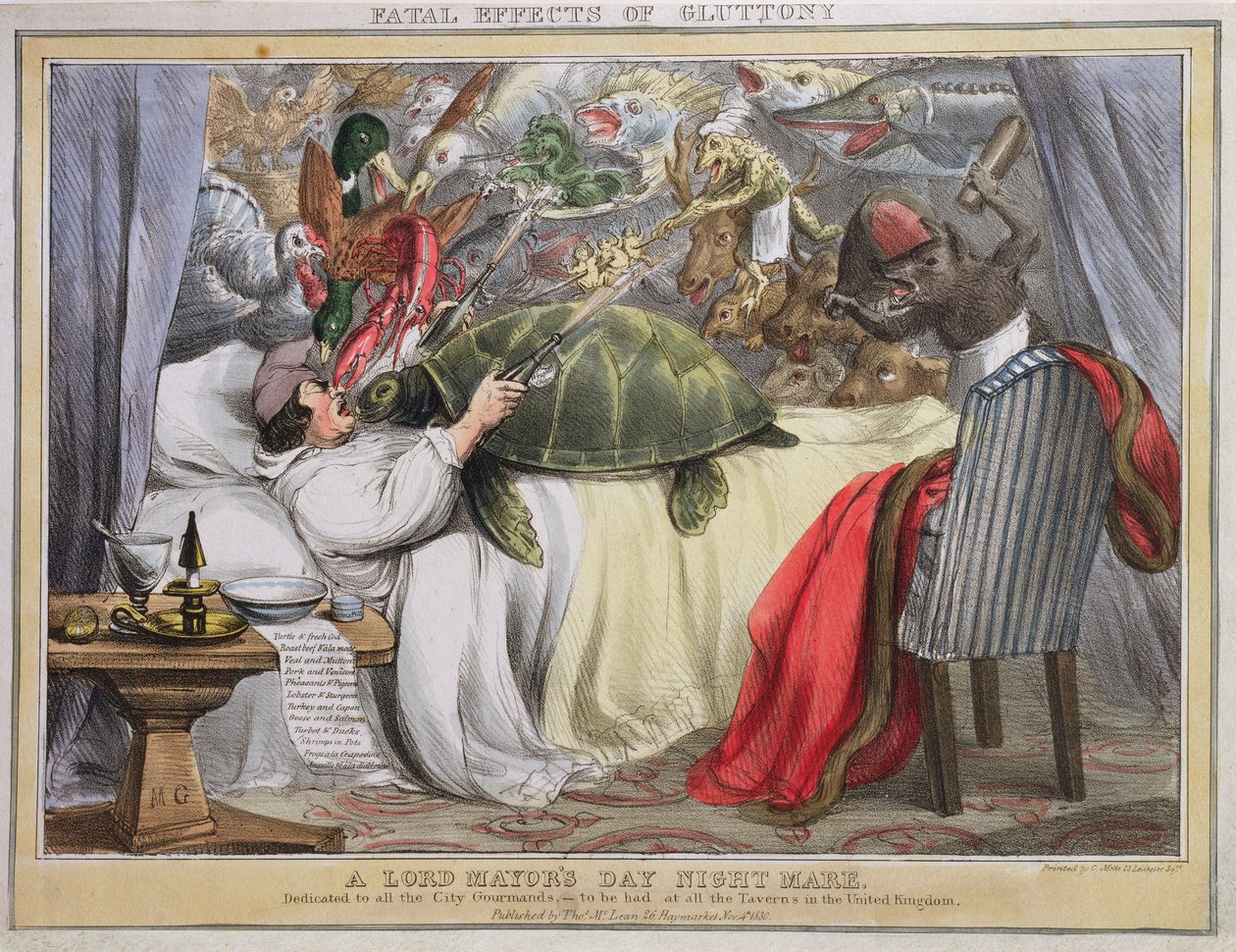 Fatale gevolgen van vraatzucht, een Nachtmerrie van de Dag van de Lord Mayor, uitgegeven door Thomas McLean (1788-1875) 1830 door English School