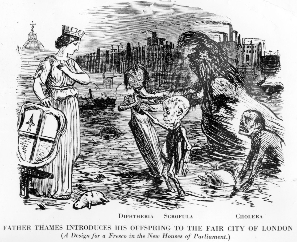 Vader Theems introduceert zijn nakomelingen aan de mooie stad Londen, de nakomelingen zijn difterie, scrofula en cholera. Meer een open riool dan een rivier, de walgelijke staat van de Theems in Londen. door English School