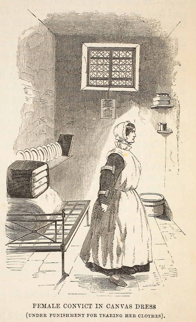 Vrouwelijke gevangene in canvas jurk (onder straf voor het scheuren van haar kleding), illustratie uit The Criminal Prisons of London and Scenes from Prison Life door Henry Mayhew en John Binny, uitgegeven in 1862 door English School