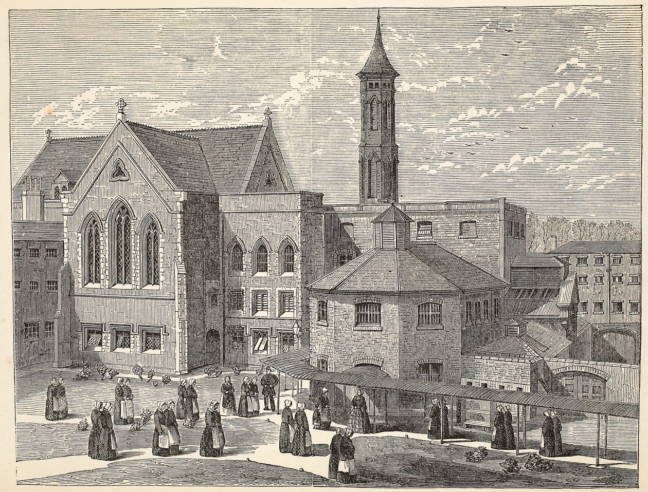 Vrouwelijke gevangenen oefenen in de luchtplaats van de Brixton-gevangenis, illustratie uit The Criminal Prisons of London and Scenes from Prison Life door Henry Mayhew en John Binny, uitgegeven 1862 door English School