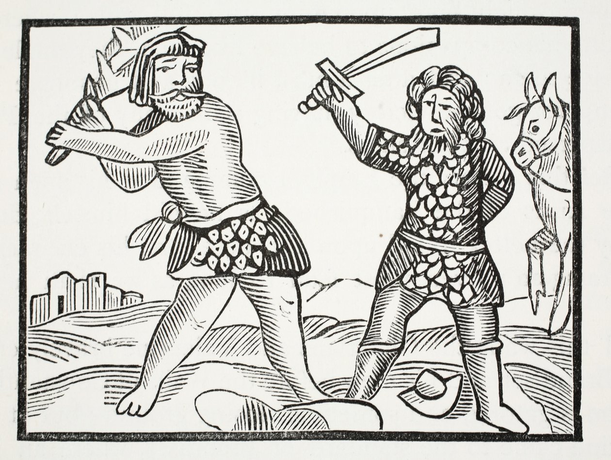 Ferragus verzamelt een machtig leger en belegert de stad Acquitain, illustratie uit Chap-books van de Achttiende Eeuw door John Ashton, uitgegeven 1882 door English School