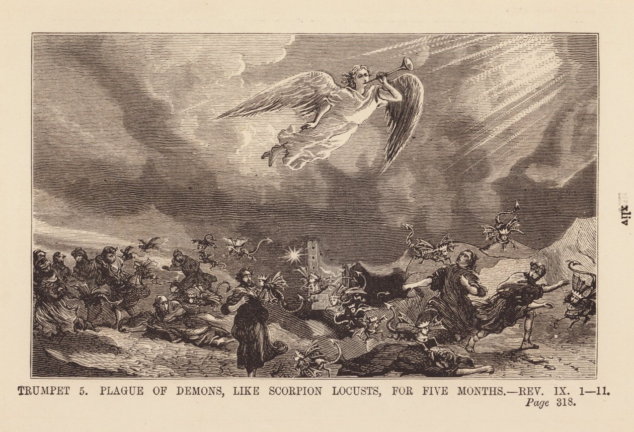 Vijfde engel die een plaag van demonen brengt, als schorpioen sprinkhanen, gedurende vijf maanden (gravure) door English School