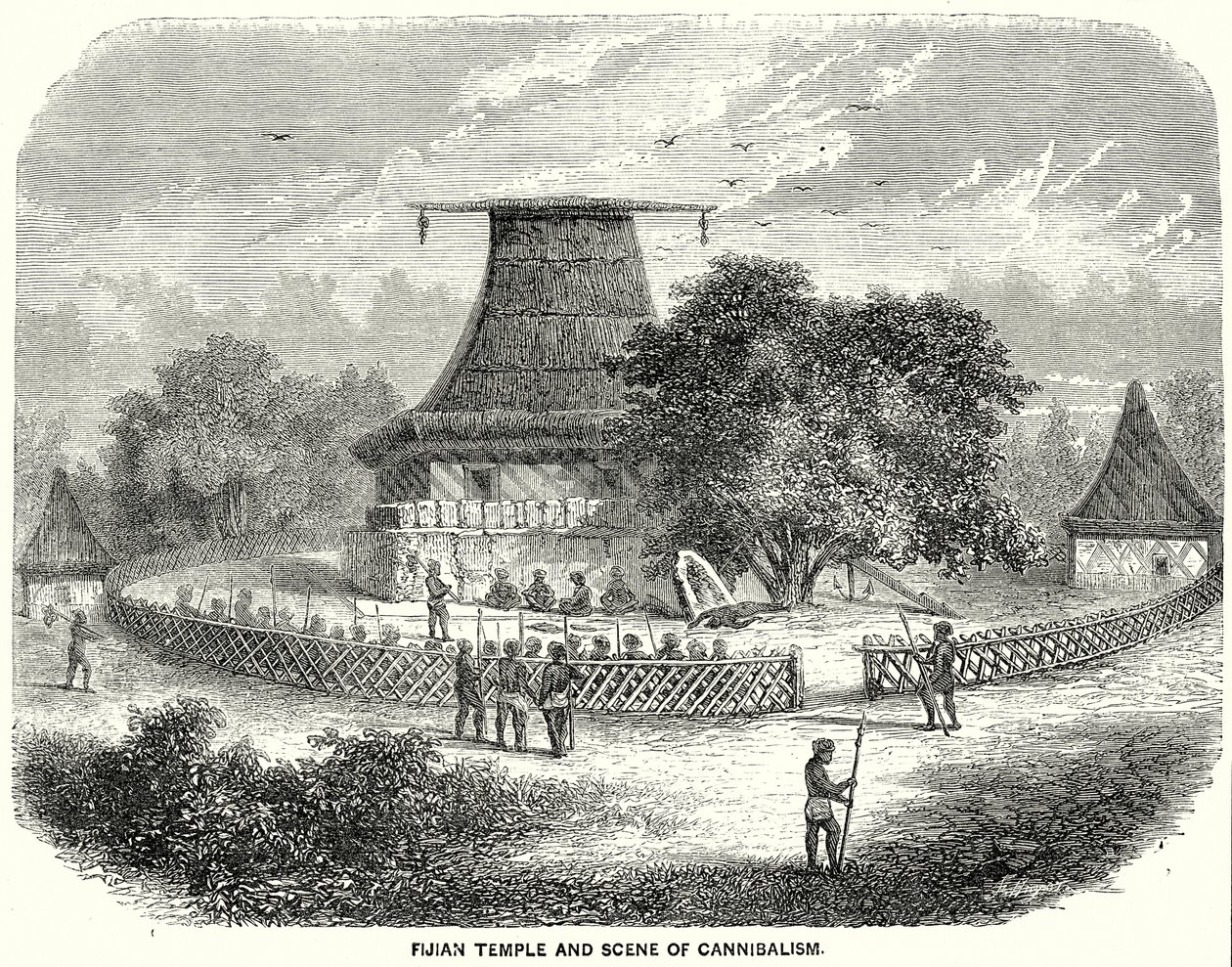 Fijische tempel en scène van kannibalisme (gravure) door English School