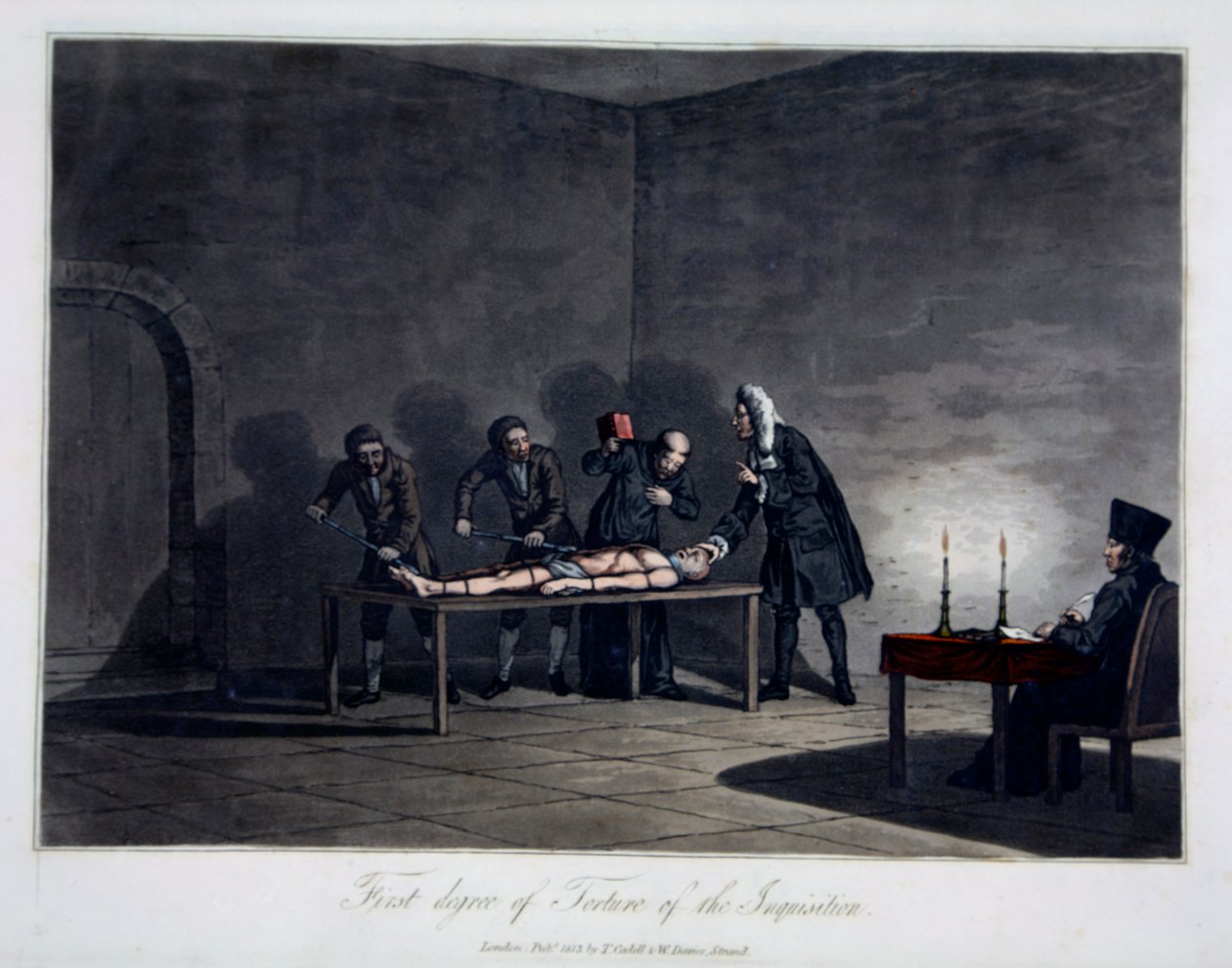 Eerste graad van marteling van de inquisitie, gegraveerd door L.C. Stadler, uitgegeven door Cadell & Davies, Londen, c.1813 door English School