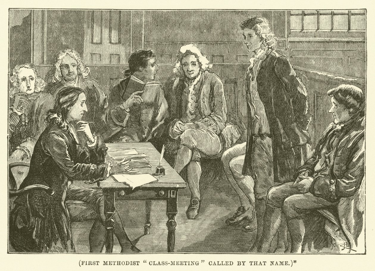 Eerste Methodist "Class-Meeting" met die naam (gravure) door English School
