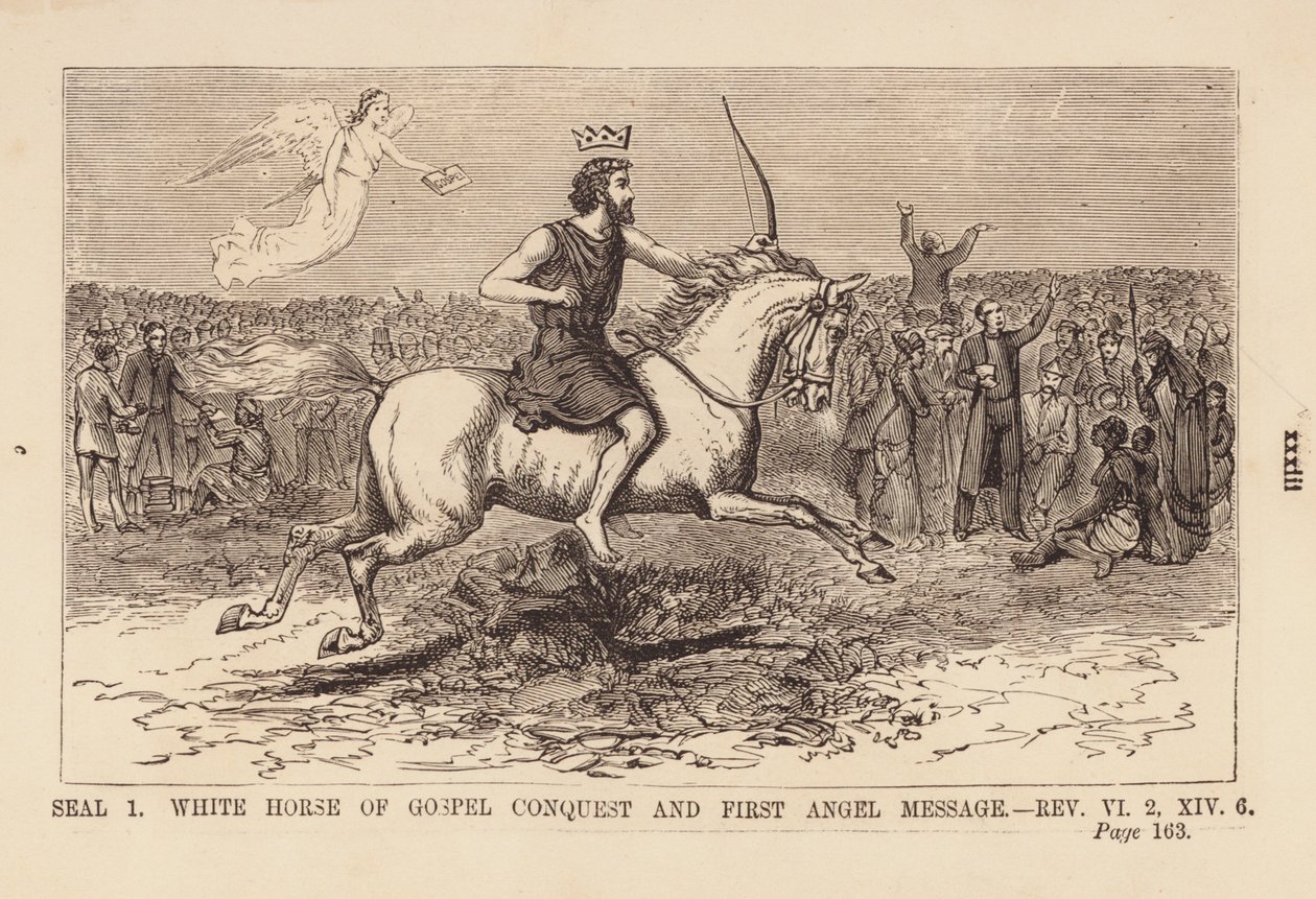 Eerste zegel, wit paard van evangelieverovering en eerste engelenboodschap (gravure) door English School