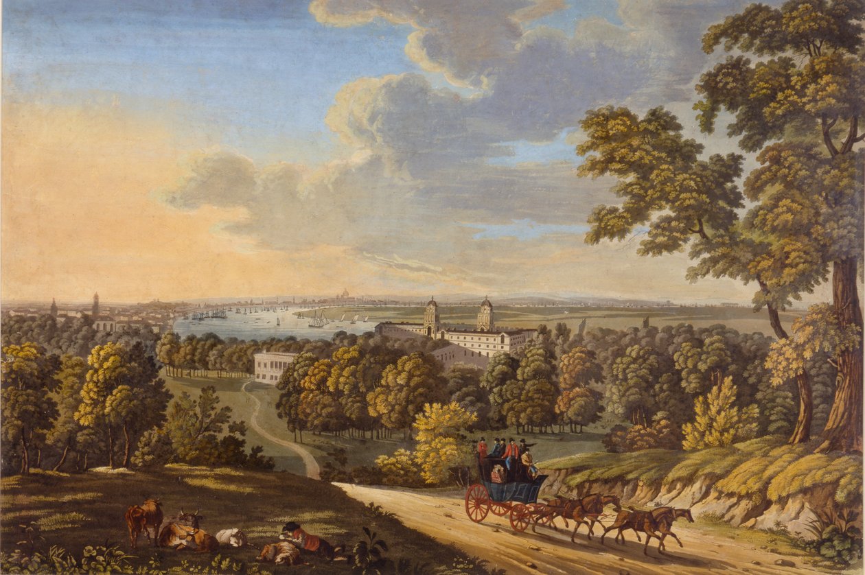 Flamstead Hill, Greenwich: De postkoets op weg naar het zuiden ca. 1810-20 door English School
