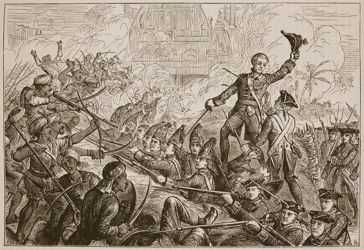 Fletchers verdediging van het redoubt bij Tanjore, illustratie uit Cassells Geïllustreerde Geschiedenis van India door James Grant, uitgegeven 1879 door English School