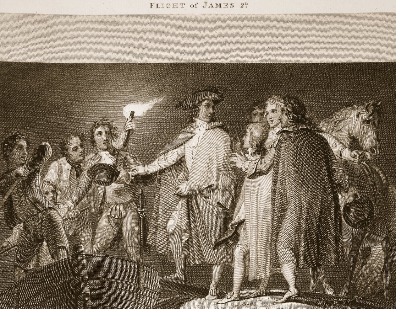 Vlucht van James II, illustratie uit David Humes The History of England, uitgegeven door R. Bowyer, Londen, 1812 door English School