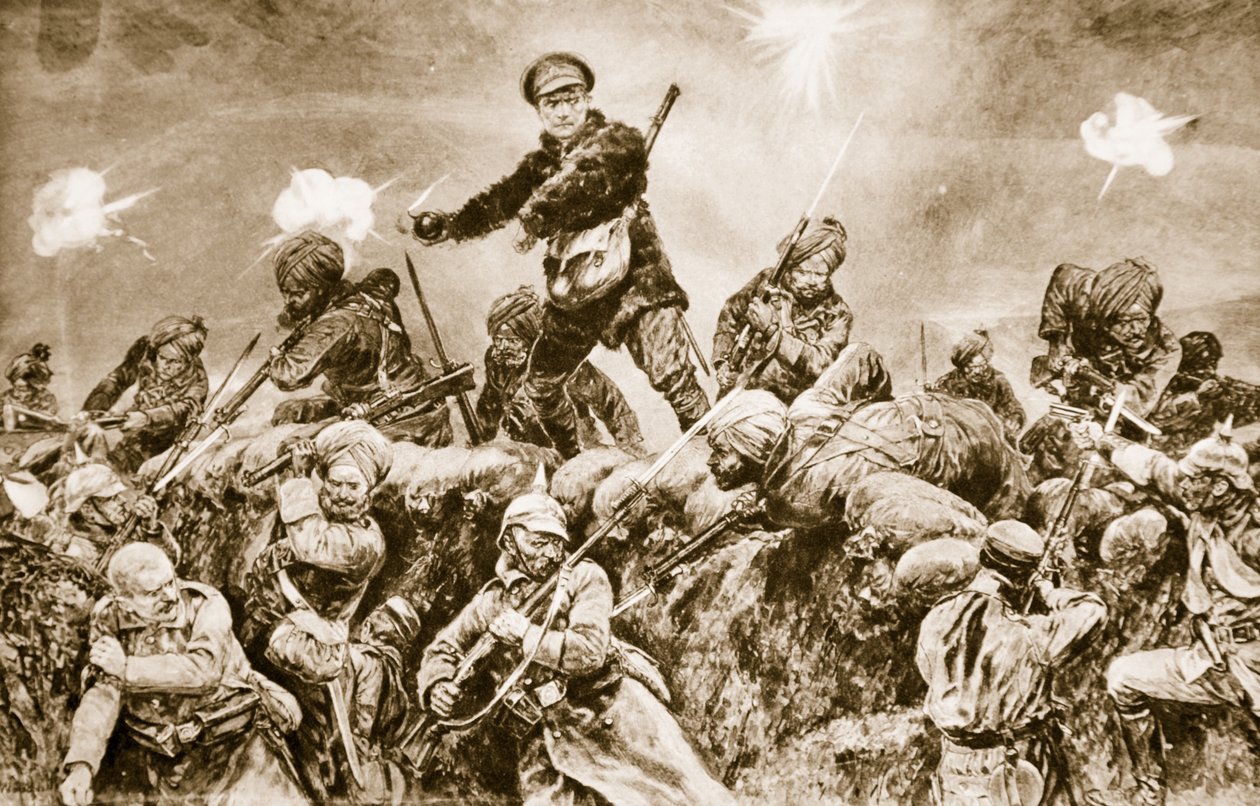 Voor de glorie van de Raj: Indiase troepen bestormen de Duitse loopgraven bij Neuve Chapelle, maart 1915 door English School