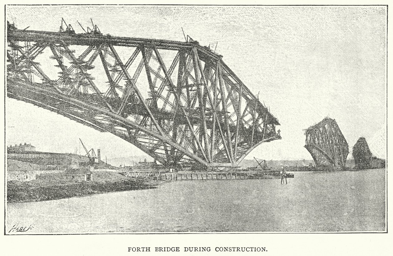 Forth Bridge tijdens de bouw (gravure) door English School