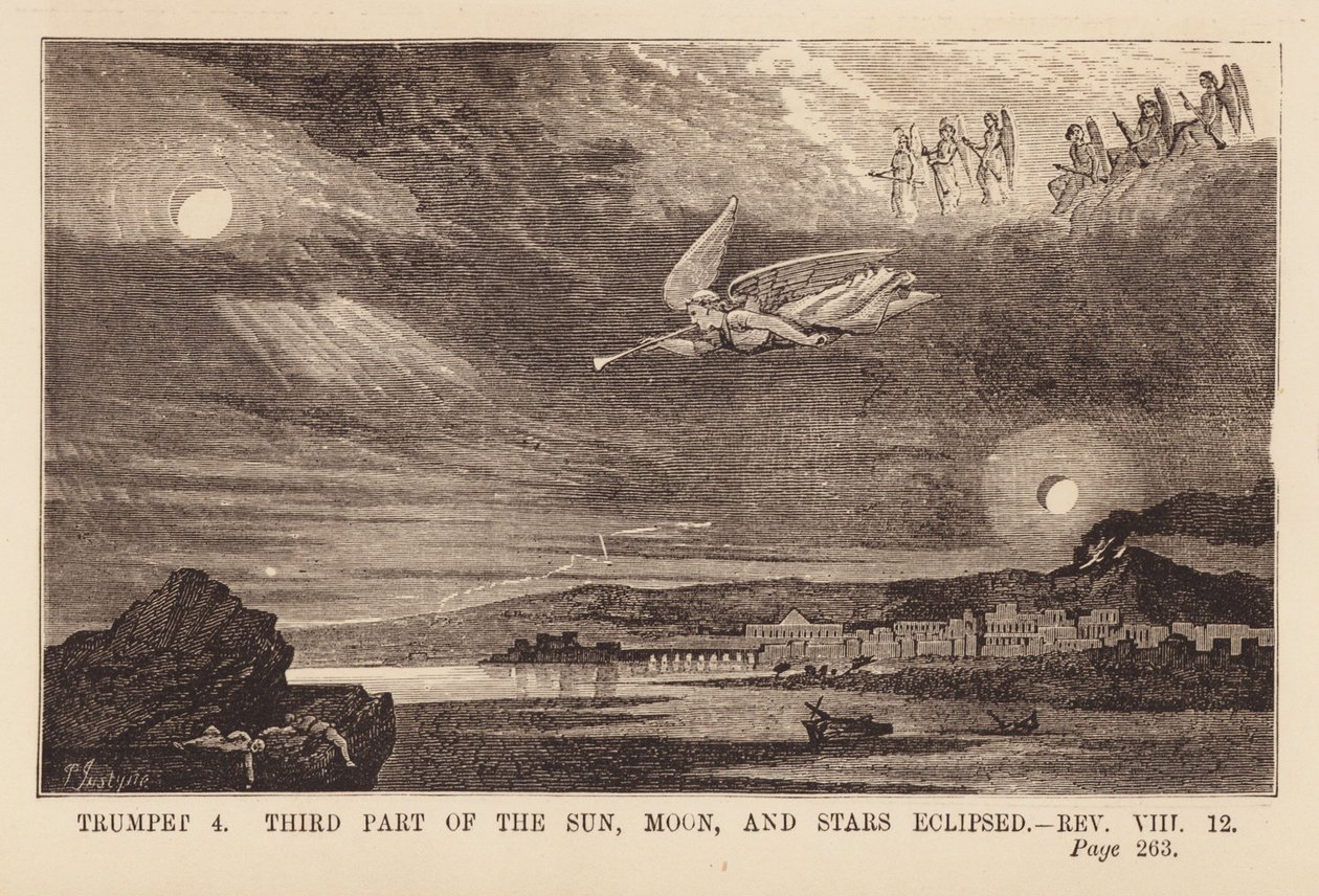 Vierde engel die op zijn bazuin blaast en de zon, maan en sterren verduistert (gravure) door English School