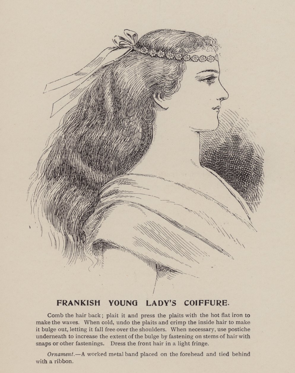 Het kapsel van een Frankische jongedame (gravure) door English School