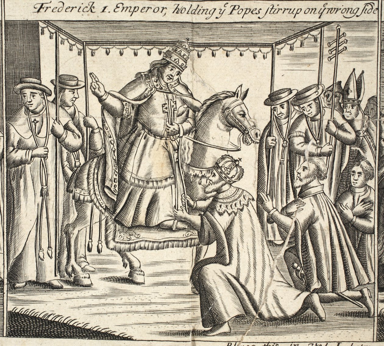Frederik I, keizer, houdt de stijgbeugel van de paus aan de verkeerde kant vast, illustratie uit Handelingen en Monumenten van John Foxe, negende editie, uitgegeven 1684 door English School