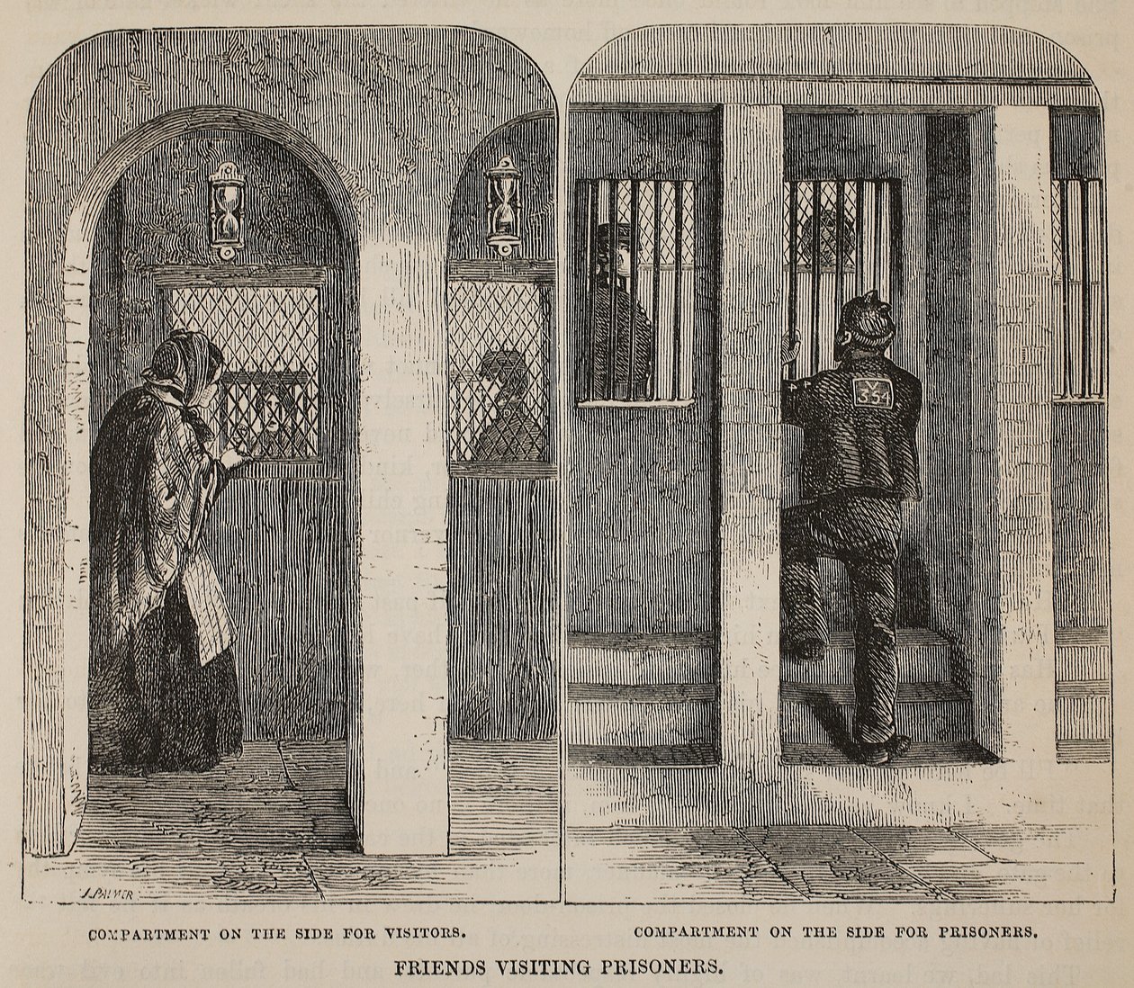 Vrienden die gevangenen bezoeken, illustratie uit The Criminal Prisons of London and Scenes from Prison Life door Henry Mayhew en John Binny, uitgegeven in 1862 door English School