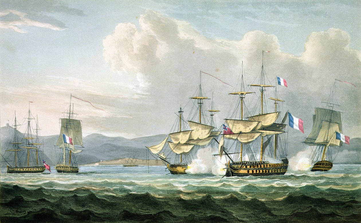 Fregat actie in Vizagapatam Roads, voor de kust van India, 18 september 1804, gegraveerd door T. Sutherland voor The Naval Chronology of Great Britain door J. Ralfe, gepubliceerd 1820 door English School
