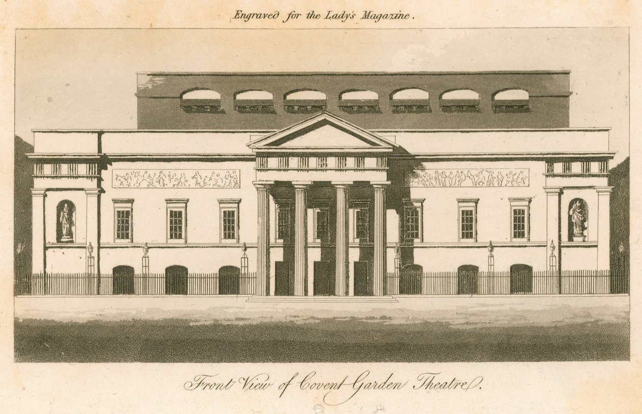 Vooraanzicht van Covent Garden Theatre, Londen (gravure) door English School