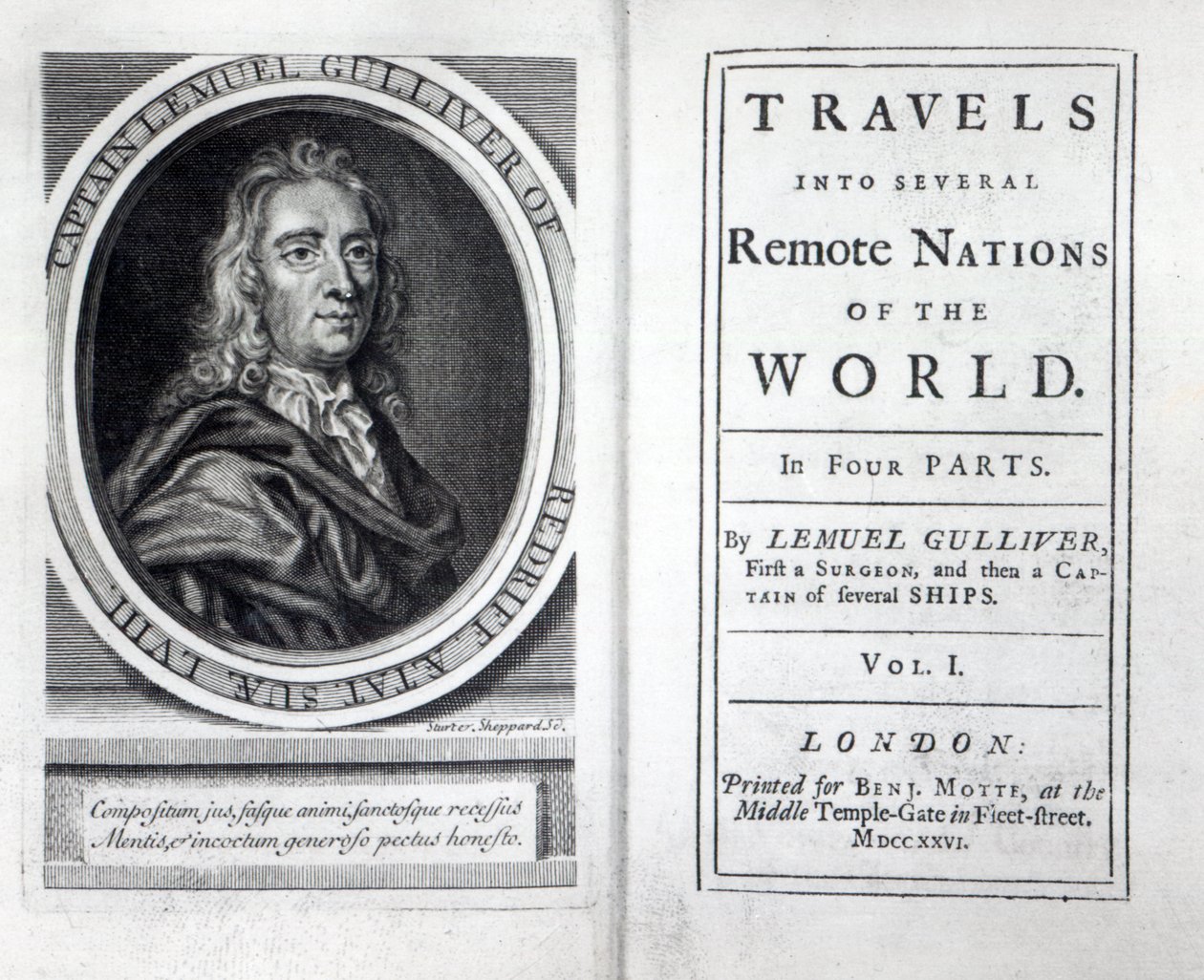 Frontispice en Titelpagina van Gullivers Reizen door Jonathan Swift, 1726 door English School