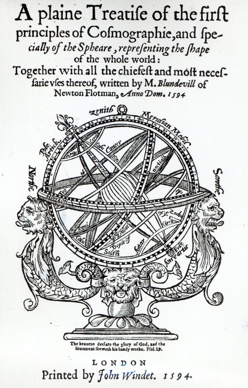 Frontispice van A Plain Treatise of the First Principles of Cosmographie door Thomas Blundeville, gepubliceerd in 1594 door English School