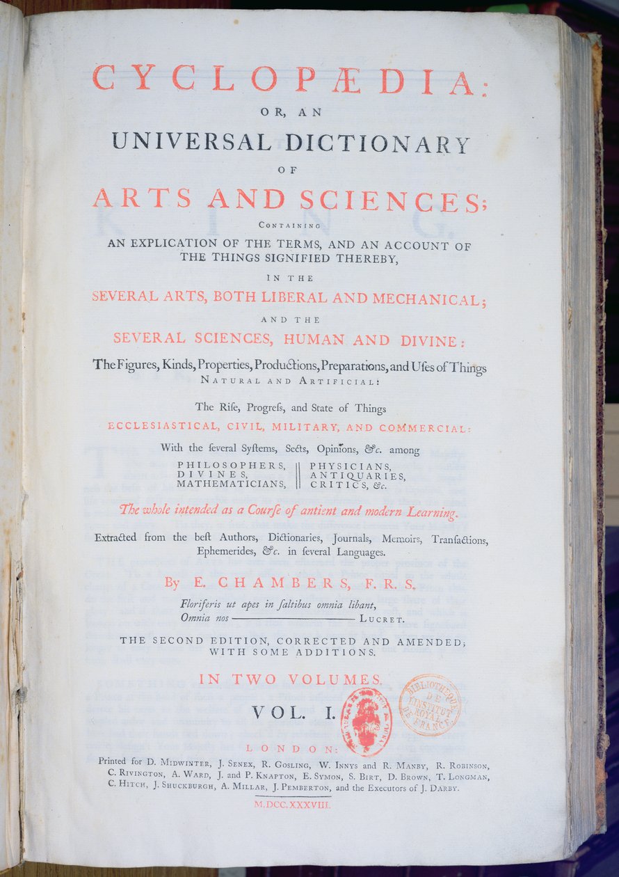 Frontispice van Encyclopaedia: An Universal Dictionary of Arts and Sciences, Vol. I, door Ephraim Chambers, Londen, 1738 door English School
