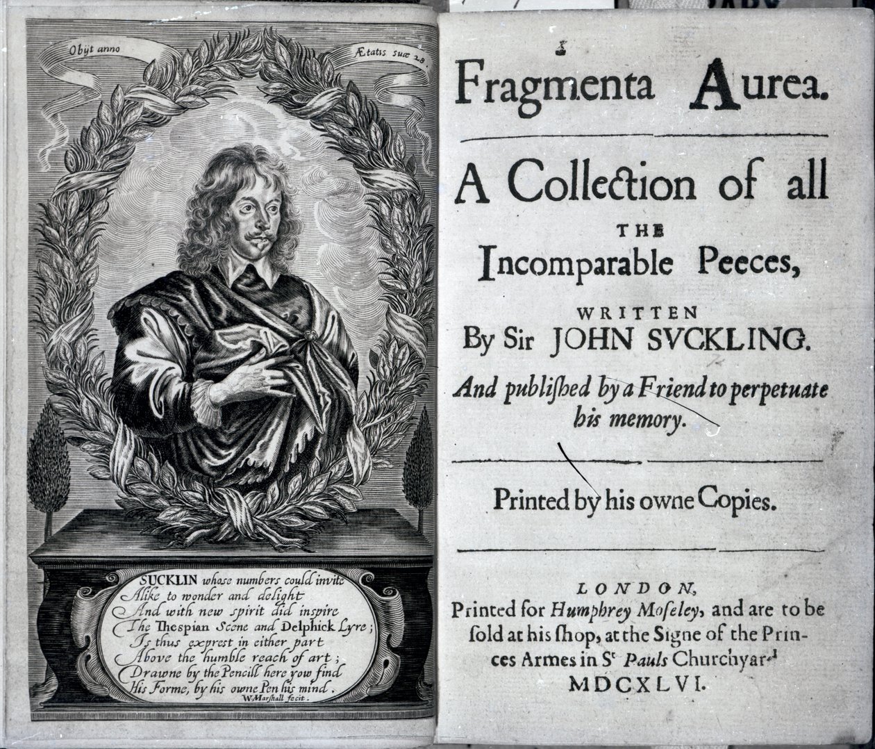 Frontispice van Fragmenta Aurea, een verzameling van alle onvergelijkbare stukken geschreven door Sir John Suckling, gepubliceerd in 1646 door English School
