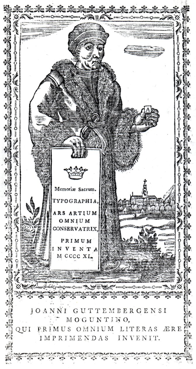 Frontispice van Johannes Gutenberg uit Een Beknopte Geschiedenis van de Oorsprong en Voortgang van de Drukkunst door Philip Luckombe, gepubliceerd in 1770 door English School