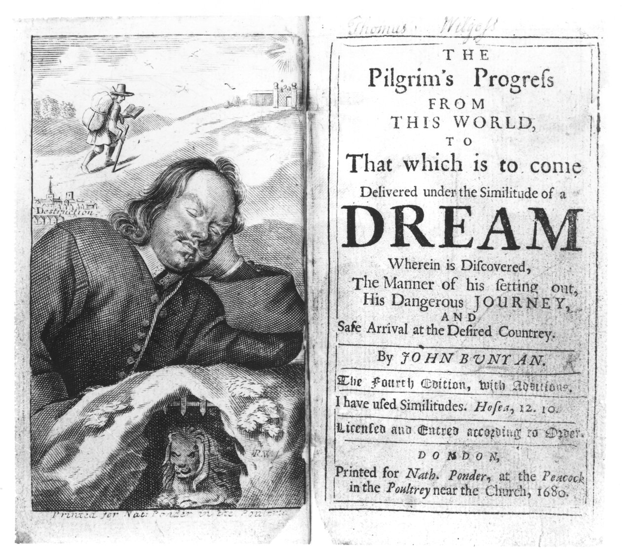 Frontispice van De Pelgrimsreis door John Bunyan (1628-88) uitgegeven in 1680 door English School