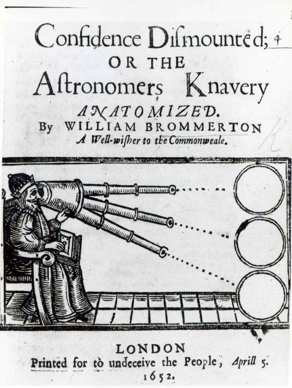 Frontispice van Confidence Dismounted; or the Astronomers Knavery Anatomized door William Brommerton, gepubliceerd in 1652 door English School