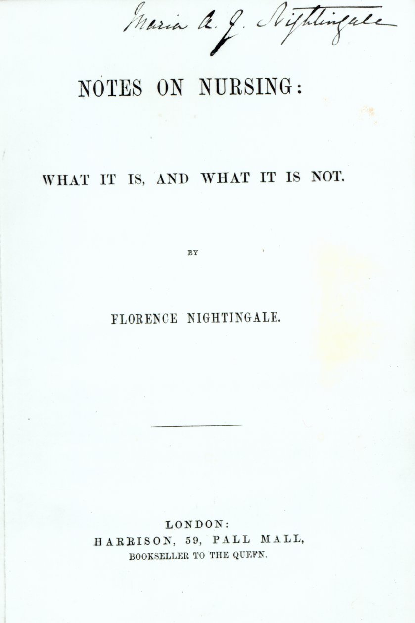 Frontispice voor Florence Nightingales Notes on Nursing: What it is, and What it is not, gepubliceerd in 1860 door English School