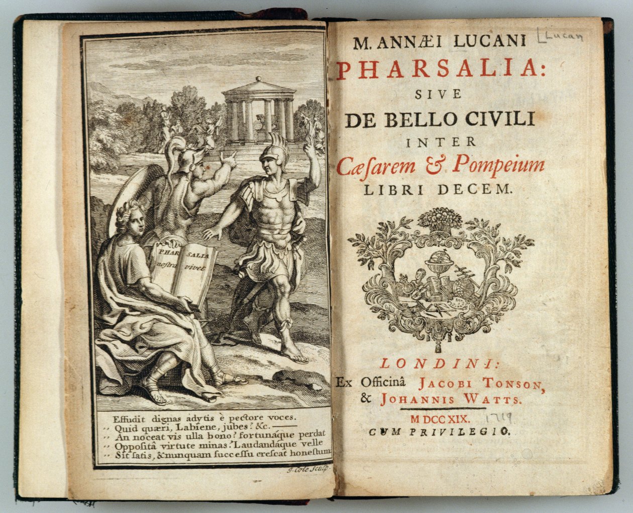 Frontispice van Pharsalia of De burgeroorlog tussen Caesar en Pompeius door Marcus Annaeus Lucan (AD 39-65) gegraveerd door J. Cole, 1719 door English School