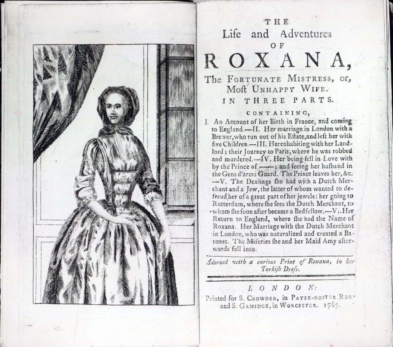 Frontispice van Roxana, The Fortunate Mistress door Daniel Defoe, editie uitgegeven in 1765 door English School
