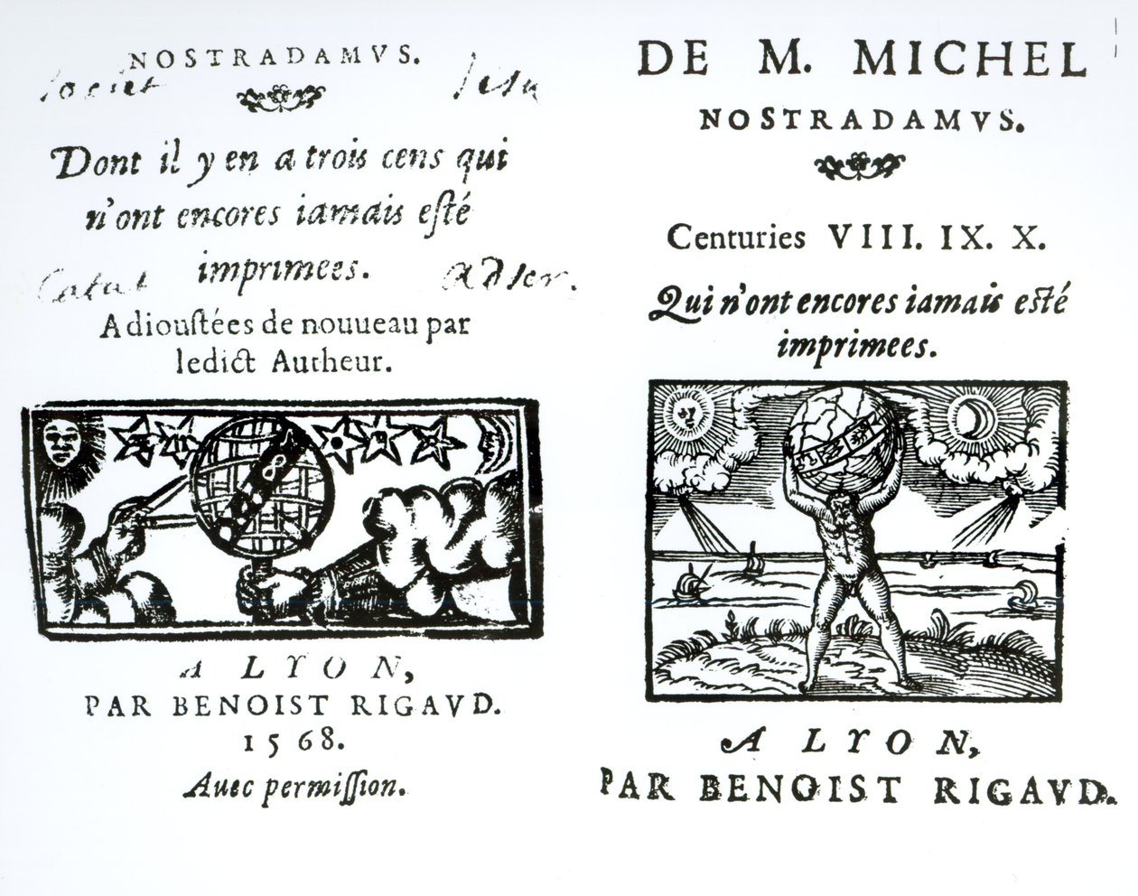 Frontispice voor De Voorspellingen van M. Michel Nostradamus, gepubliceerd door Benoist Rigaud, 1568 door English School