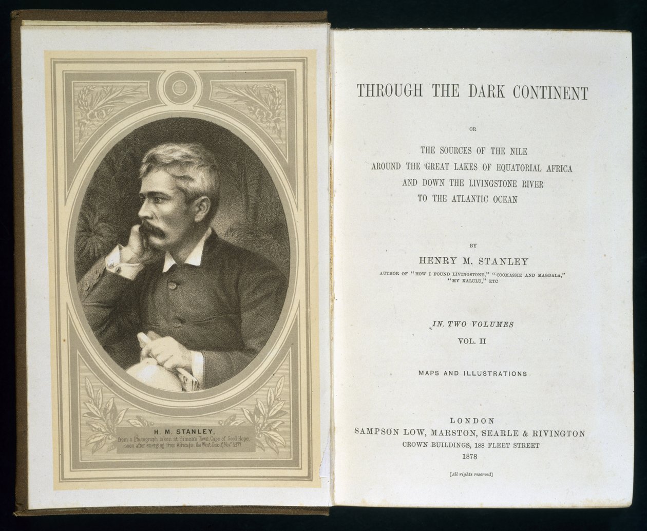 Frontispice van Door het Donkere Continent, door Henry M. Stanley, gepubliceerd in 1878 door English School