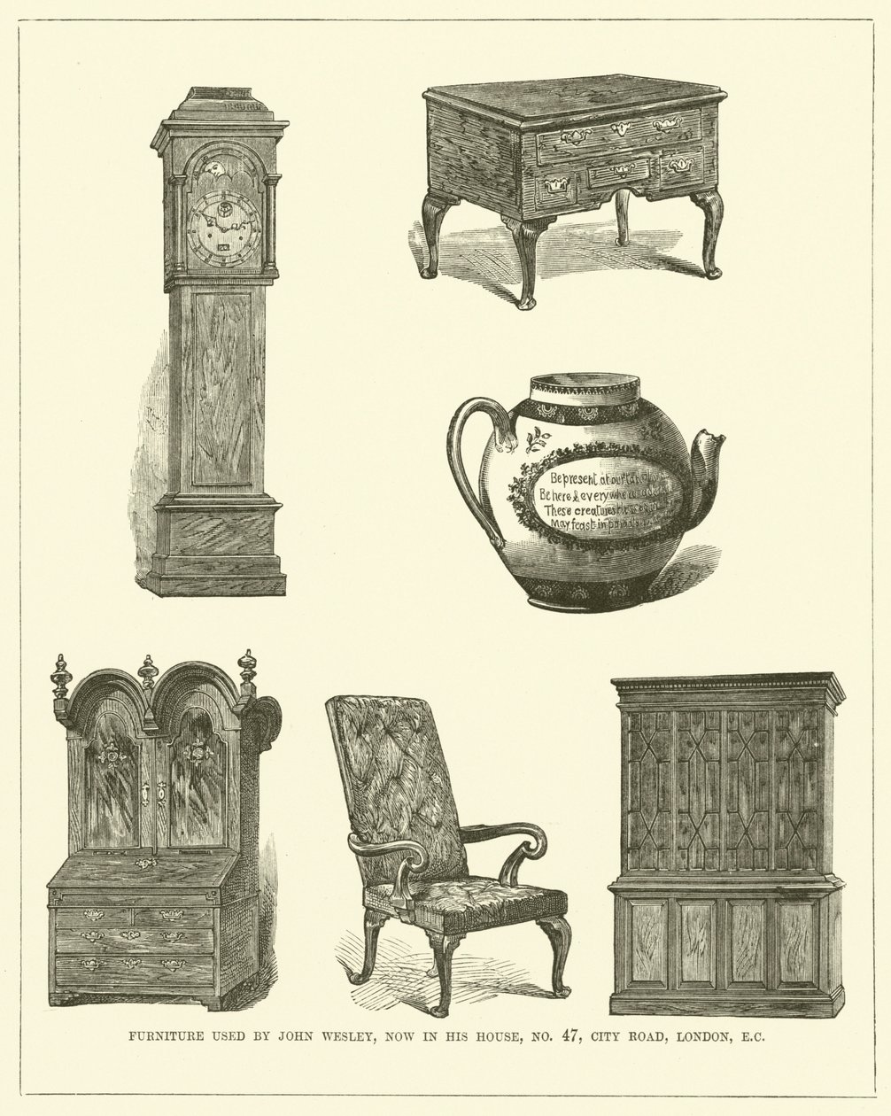 Meubilair gebruikt door John Wesley, nu in zijn huis, nr. 47, City Road, Londen, EC (gravure) door English School