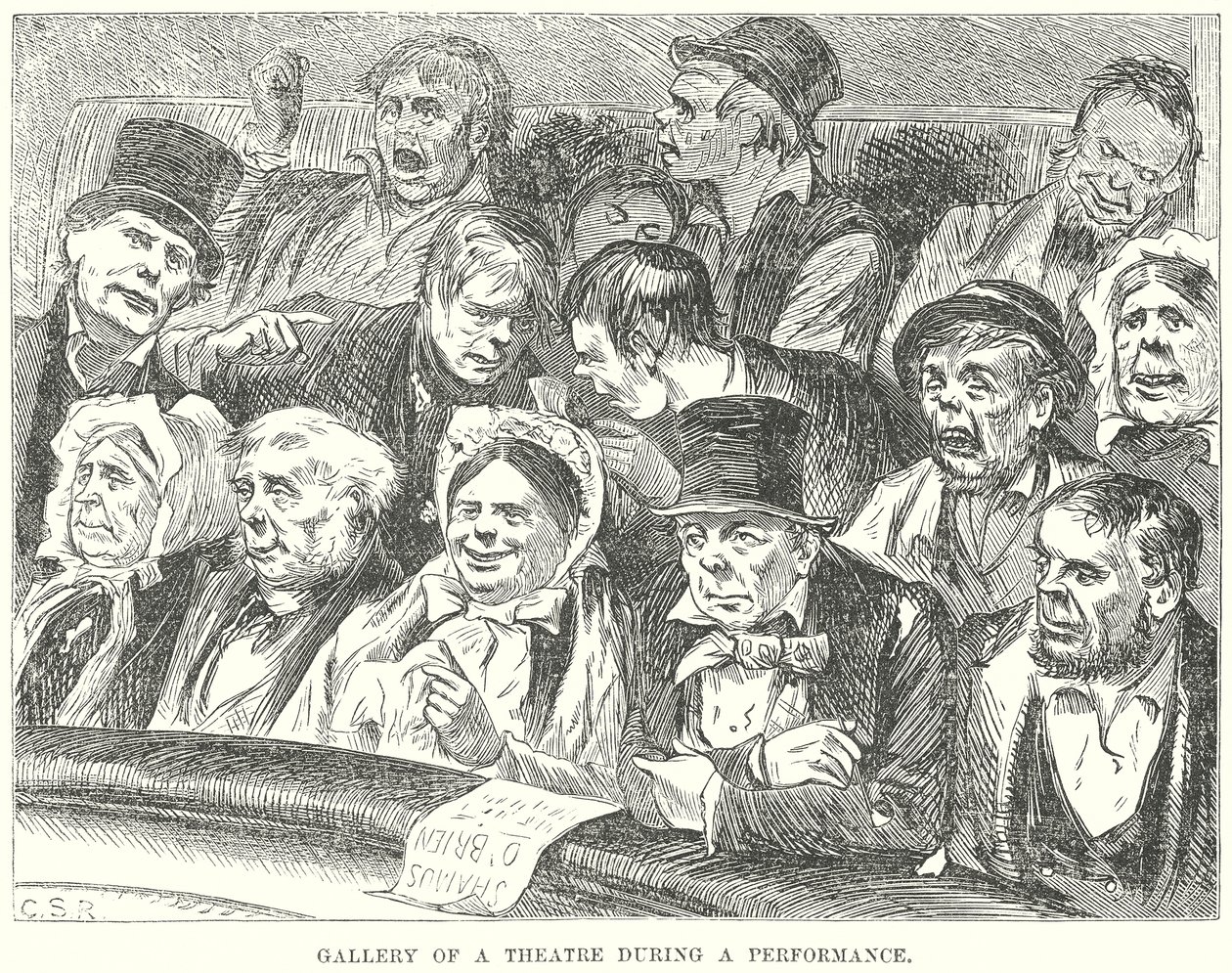 Galerij van een theater tijdens een voorstelling (gravure) door English School