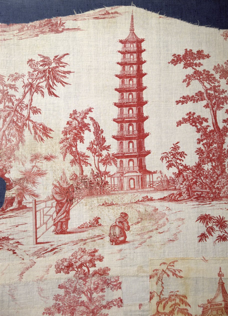 Tuin scène met een pagode ontwerp door William Chambers (1723-96) (plaat-geprinte linnen en katoen) door English School