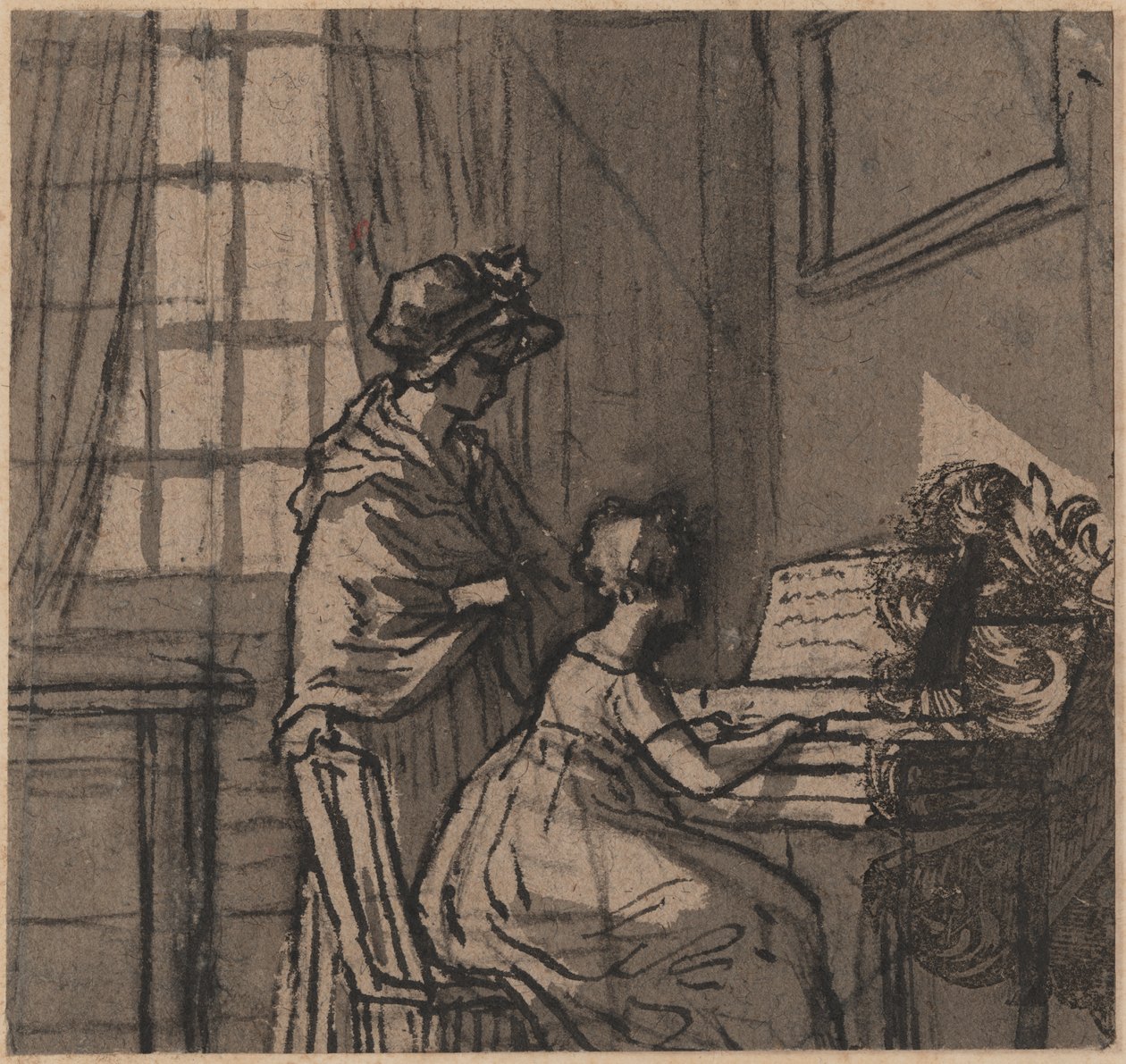 Meisje aan een klavecimbel, ca. 1800 (pen & was op papier) door English School