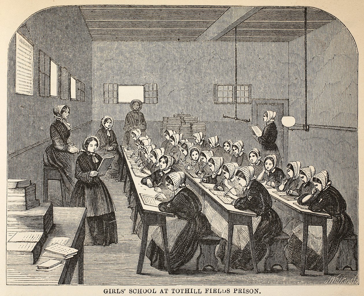 Meisjesschool in Tothill Fields Prison, illustratie uit The Criminal Prisons of London and Scenes from Prison Life door Henry Mayhew en John Binny, uitgegeven in 1862 door English School