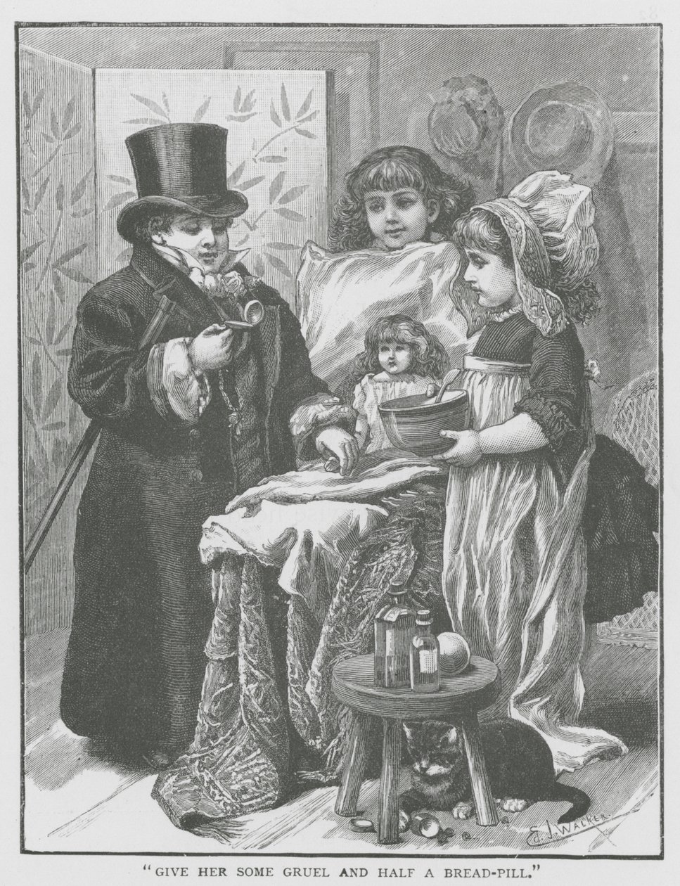 "Geef haar wat pap en een halve pil brood" (gravure) door English School