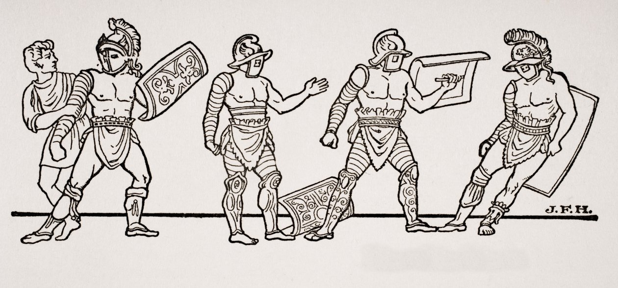 Gladiatoren, uit een muurschildering in Pompeii, illustratie uit The Outline of History door H.G. Wells, Volume I, gepubliceerd in 1820 door English School