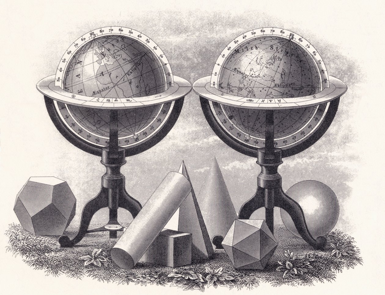 Globes van de aarde en de hemel met geometrische vormen door English School