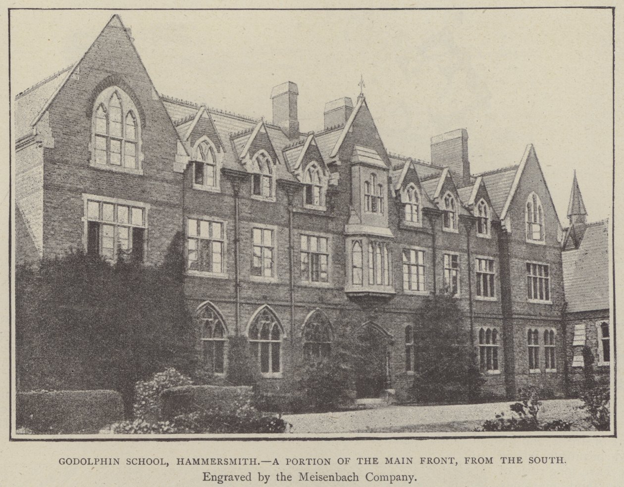 Godolphin School, Hammersmith, een deel van de voorgevel, vanaf het zuiden (gravure) door English School