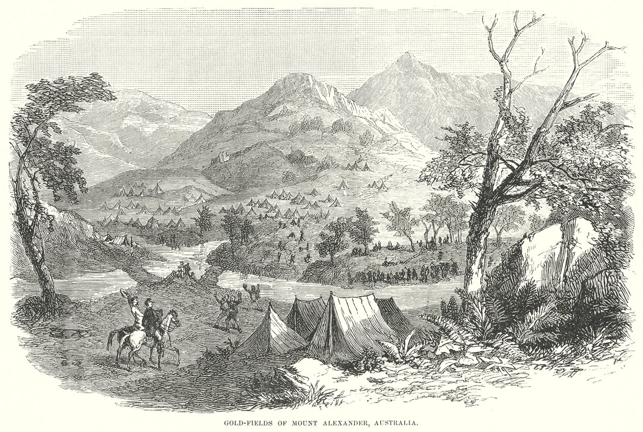 Goudvelden van Mount Alexander, Australië (gravure) door English School