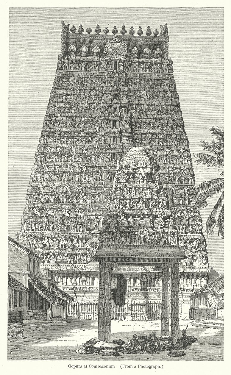 Gopura bij Combaconum (gravure) door English School