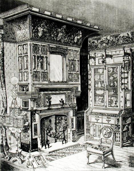 Gotische kast en rijkelijk versierde schoorsteenmantel uit een kamer ingericht door Cox & Sons voor Philadelphia door English School